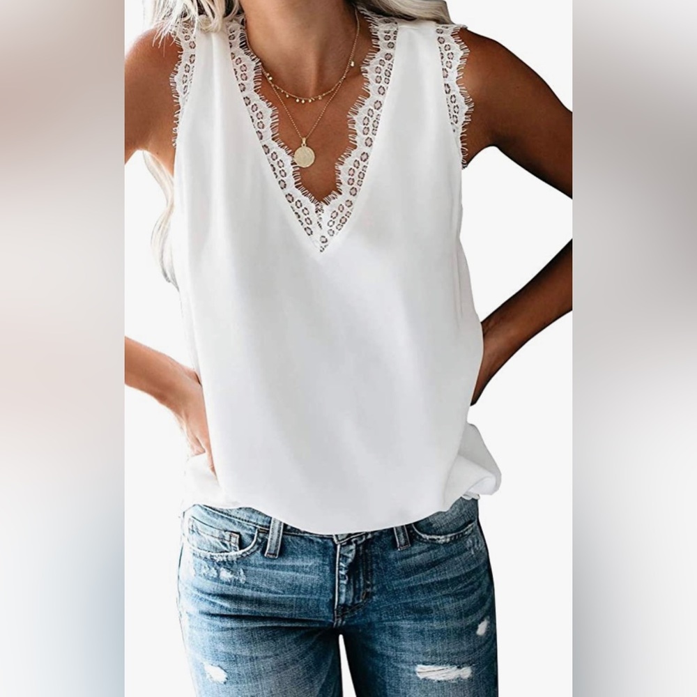 NWT Lace Trim Tank Tops V Neck Casual Sleeveless Blouse Vest, MULTIPLE COLORS